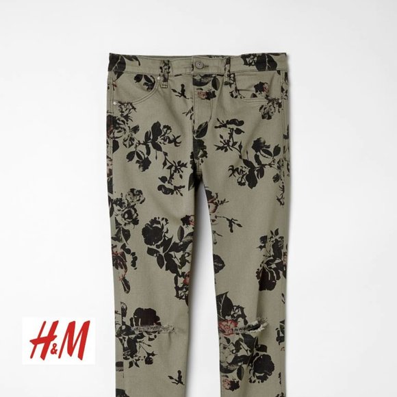 NEW H&M Skinny Regular High Rise Ripped Jeans Skull & Floral Print Khaki Green - Picture 2 of 7
